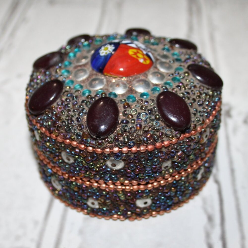 💜 Vintage Purple Beaded Trinket Box · 3" Silver Accents · Collector Glam ·